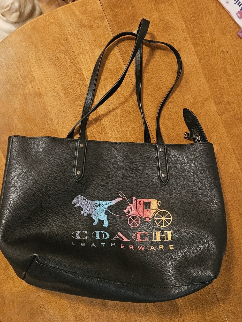 Coach Rexy Carriage Tote 69651 Black Pebble Leather Rainbow Dinosaur Bag
